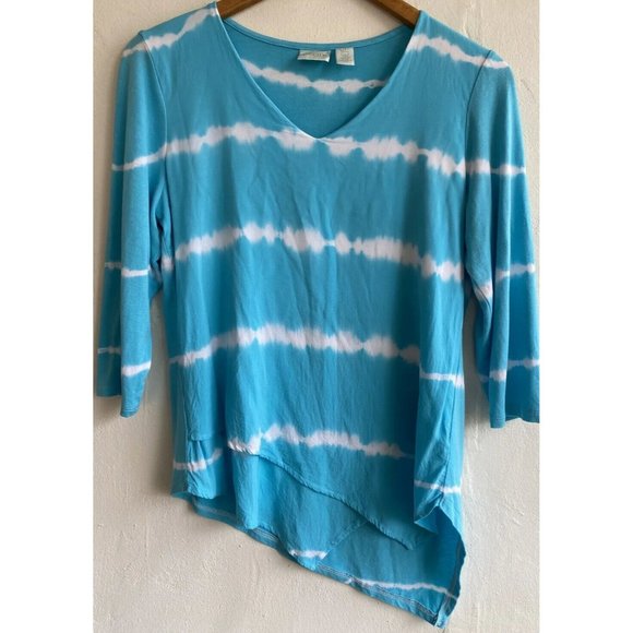 COPY - Chico's Top 0P Petite Small Blue Tie Dye Asymmetrical 3/4 Sleeve V-Neck … - Picture 1 of 9
